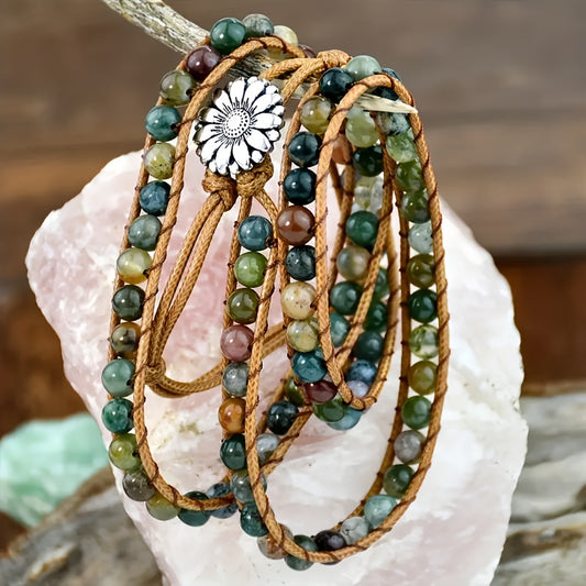 5 Layers Bohemian Healing Stone Wrap Adjustable Leather Beaded Tree Charm Bracelet - Natural, Prolonged Leather, Adjustable, Tree of Life Charm, Beaded Jewelry - Perfect for Boho Chic Style Lovers
