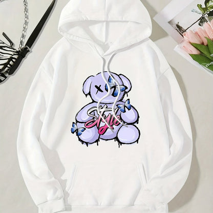 Trendy Bear Print Kangaroo Pocket Hoodie - Women's Casual Long Sleeve Drawstring Sweatshirt with Relaxed Fit, Soft Fleece Lining, and Adjustable Hood - Perfect for Daily Wear, Outdoor Activities, and Gift Ideas