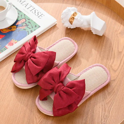 New fashion linen slippers women's silk bow cotton linen slippers women's indoor home can wear sandals outside orange