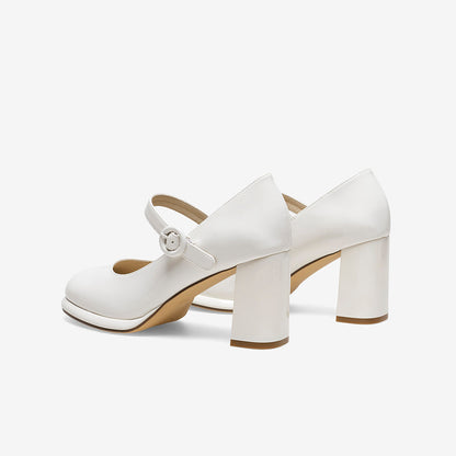 flowersverse - Women Basto Vintage Chunky Heel White Mary Jane
