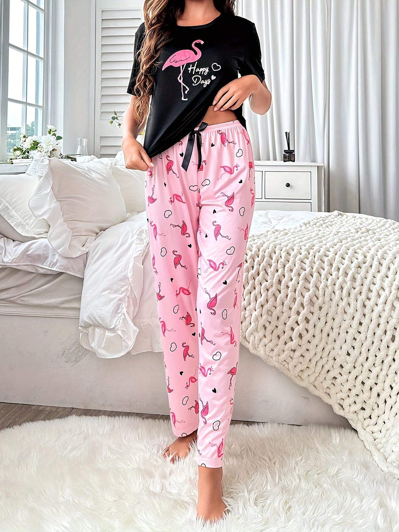 Womens Flamingo Print Relaxed Fit Pajama Set - Soft Polyester Short Sleeve Crew Neck Top & Pants with Bow Details - Comfortable, Cute, and Cozy for All Seasons