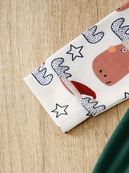 Faux Formal Suit Design Xmas Deer & Gift Pattern Jumpsuit With A Bow Tie For Baby Boys, Suitable For Autumn And Winter Outdoors