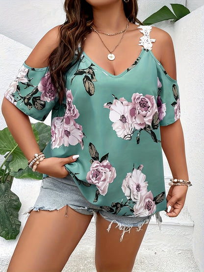 Plus Size Elegant V Neck Floral Print Blouse - Chic Guipure Lace Details, Slight Stretch Polyester Fabric, Perfect for Spring and Summer Vacation - Womens Stylish Shirting