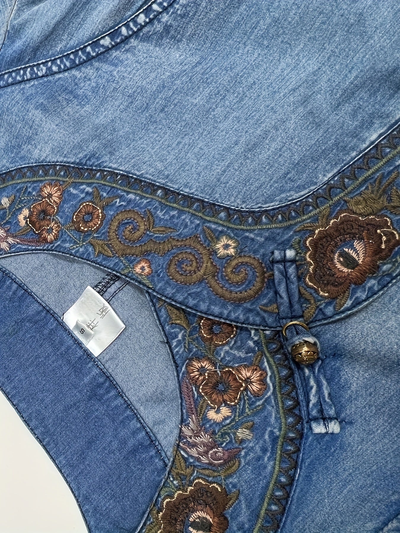 Floral Embroidery Chinese Cheongsam Style Pankou Knots Closure Short Sleeve Elegant Vintage Denim Dress, Women's Denim Jeans & Clothing