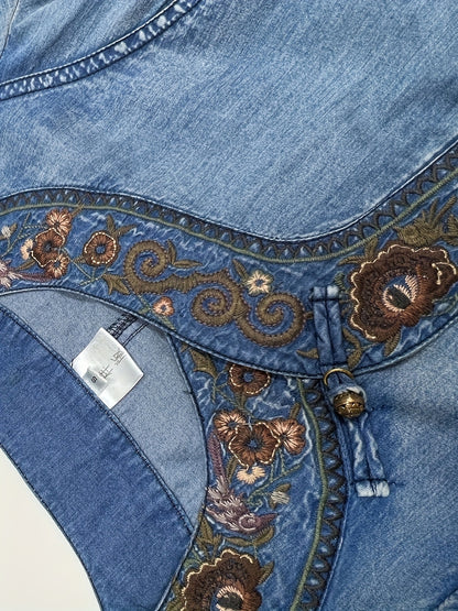 Floral Embroidery Chinese Cheongsam Style Pankou Knots Closure Short Sleeve Elegant Vintage Denim Dress, Women's Denim Jeans & Clothing