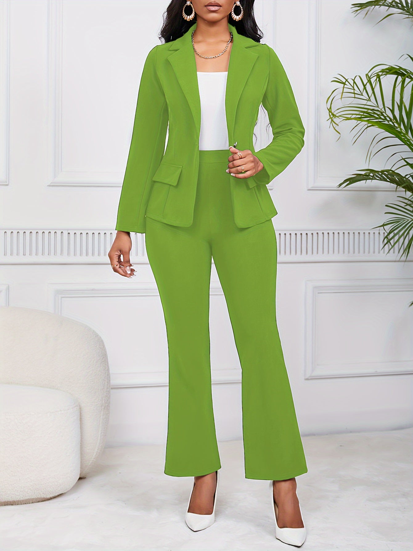 Two-Piece Elegant Suit Set - Lapel Collar, Mid-Elastic Polyester Fabric, Machine Washable, Solid Color, No Printing, Middle East Style - Womens Clothing for All Seasons