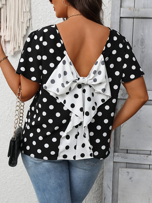 Plus Size Chic Bow Back Blouse with Color Block & Polka Dot Print - Elegant, Backless, Short Sleeve Crew Neck for Spring & Summer Fashion - Womens Plus Size Clothing