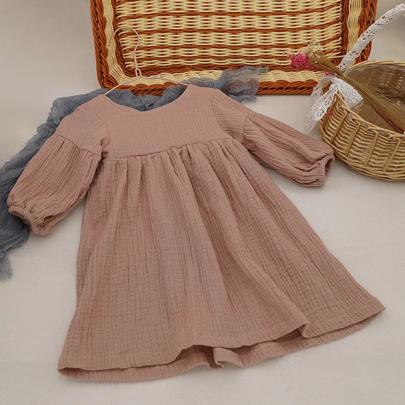 Girl's Dresses Autumn Spring Children's Clothing Organic cotton Double Gauze Loose Pocket Baby Girls Dress Fashion Princess Casual Children's Dress 230407