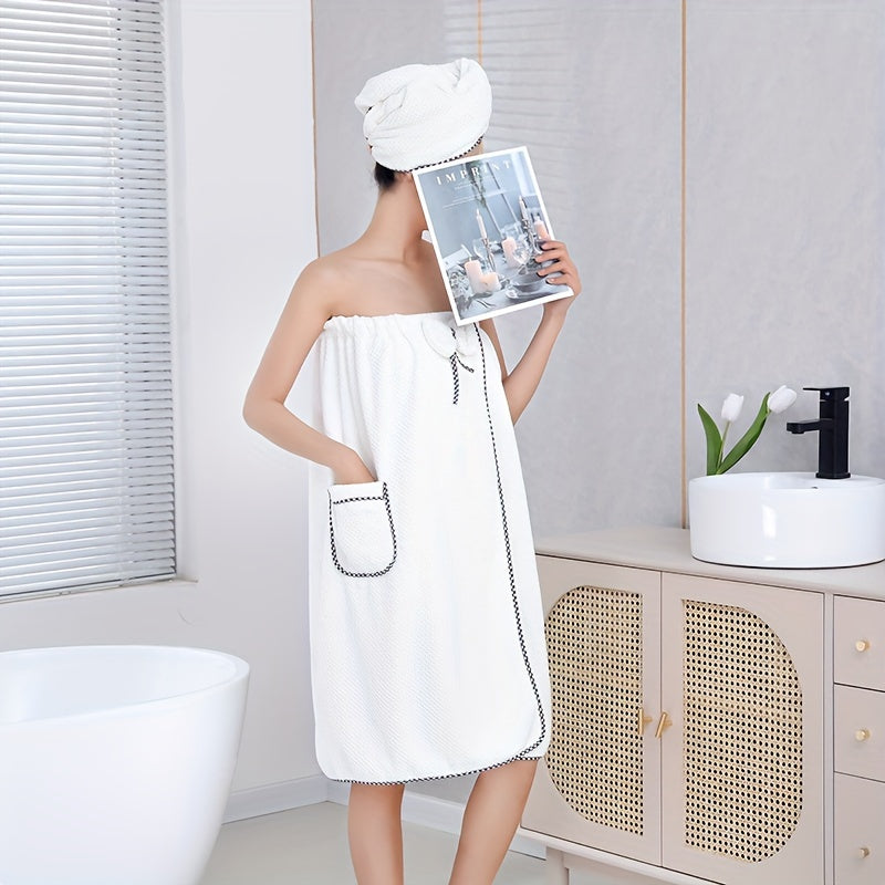 2pcs Stylish Wearable Bath Towel Set - Ultra-Absorbent Skirted Towel with Pockets, Bow Decor Wrap & Water-Resistant Shower Cap - Perfect Bathroom Accessories for Womens Relaxing Spa Days