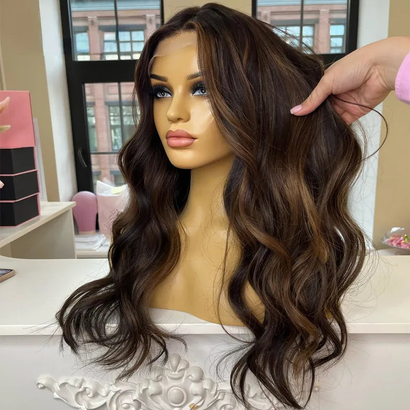 Brazilian Hair Brown Highlight Body Wave Lace Front Wigs 360 Full Lace Frontal Wig 200 Density HD Synthetic Lace Front Wig for Women
