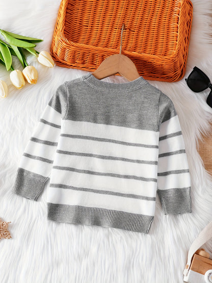 Baby Boys Comfortable & Casual Grey And White Striped Crew Neck Knitted Sweater For Outing Activities