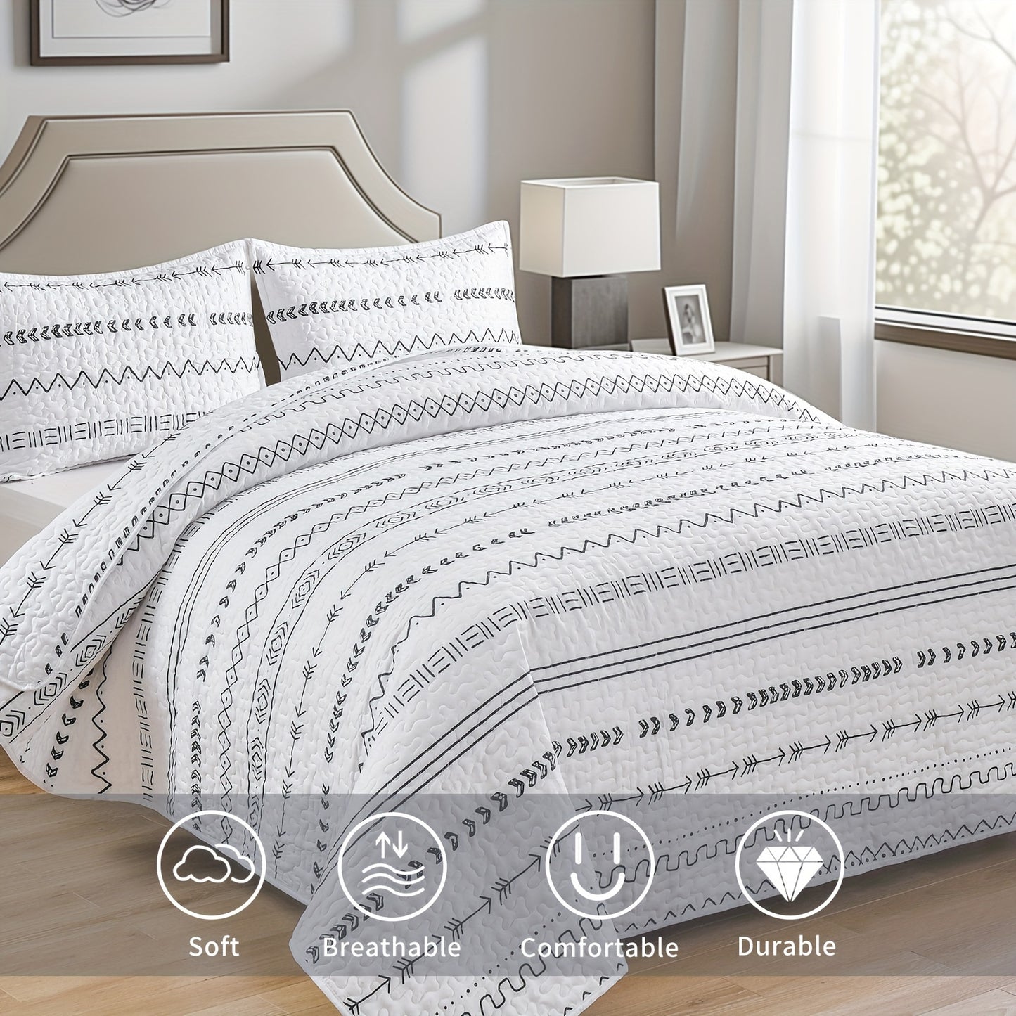 3pc Luxurious Bohemian Quilted Bedspread Set - Soft, Hypoallergenic & Durable, Black & White Geometric Stripes - Cozy Coverlet for Bedrooms & Dorms, Includes 1 Bedspread & 2 Pillowcases