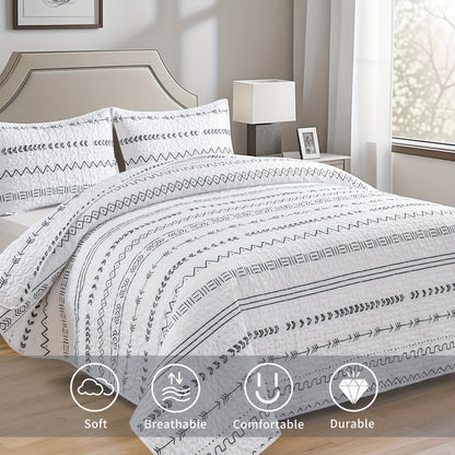 3pc Luxurious Bohemian Quilted Bedspread Set - Soft, Hypoallergenic & Durable, Black & White Geometric Stripes - Cozy Coverlet for Bedrooms & Dorms, Includes 1 Bedspread & 2 Pillowcases
