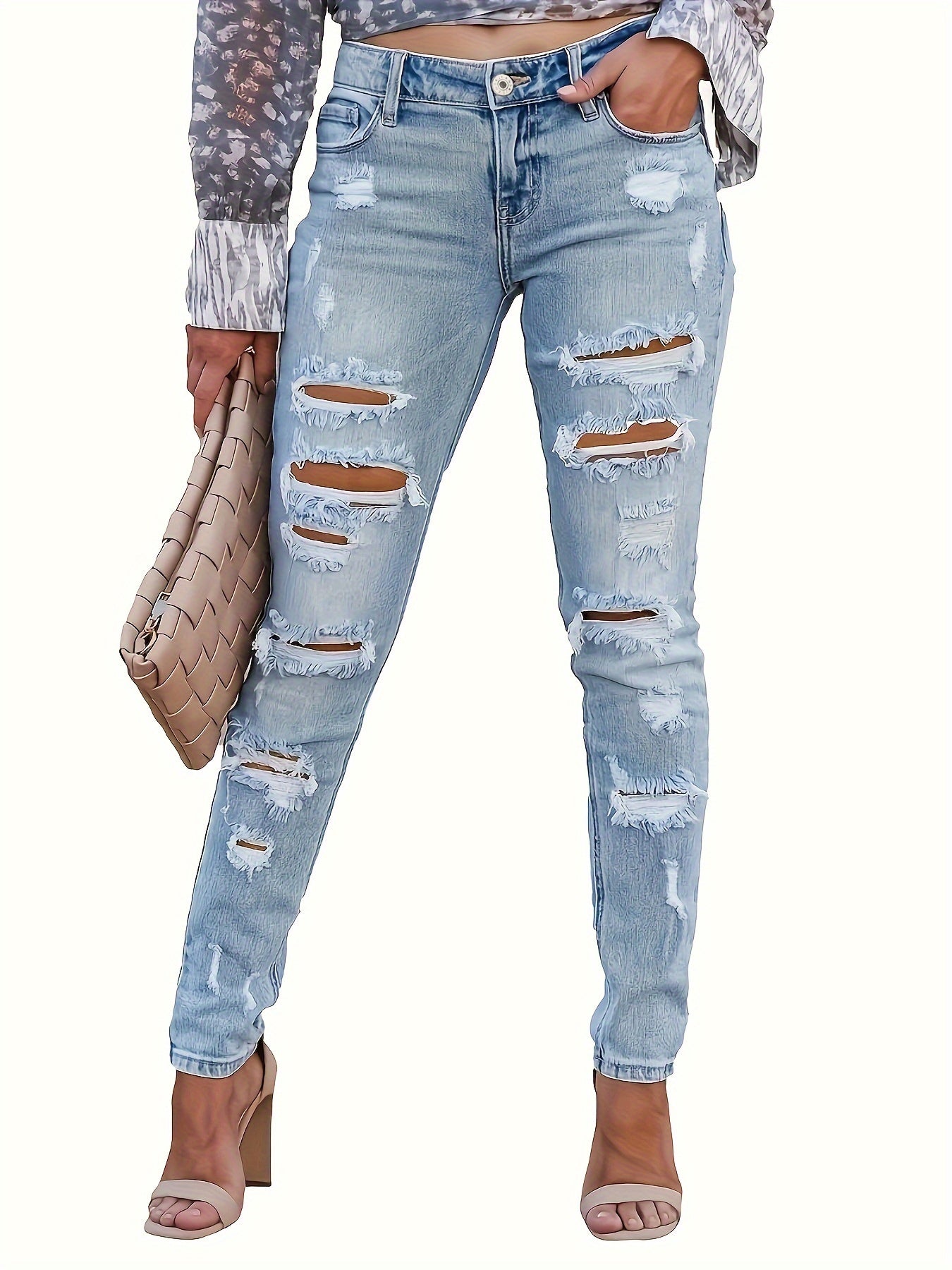 Womens Stretchy Skinny Jeans - Distressed Denim with Slant Pockets, Fashionable Daily Wear