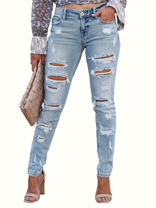 Womens Stretchy Skinny Jeans - Distressed Denim with Slant Pockets, Fashionable Daily Wear