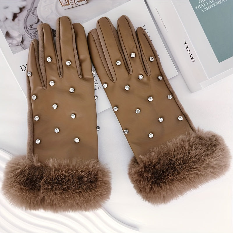 Thick Soft Plush Cuff Gloves Rhinestone Decor PU Leather Gloves Autumn Winter Windproof Touchscreen Gloves