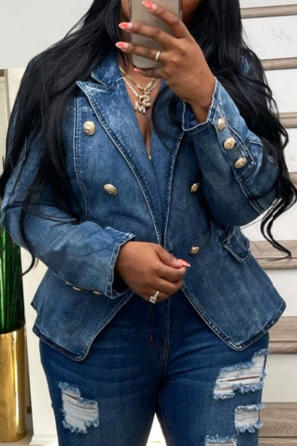 flowersverse flowersverse - Light Blue Casual Solid Patchwork Turndown Collar Long Sleeve Regular Denim Jacket