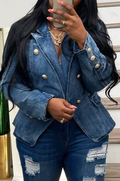 flowersverse flowersverse - Light Blue Casual Solid Patchwork Turndown Collar Long Sleeve Regular Denim Jacket