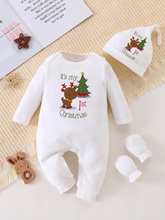 TEEUIEAR 3-Piece Newborn Christmas Romper Set - 100% Cotton Cute Holiday Themed Long Sleeve Onesies with Santa Hat & Gloves for Baby Boys - Fall/Winter Knit Fabric, Regular Fit Jumpsuit with Solid Color, Alphabet & Animal Patterns, for Outdoor