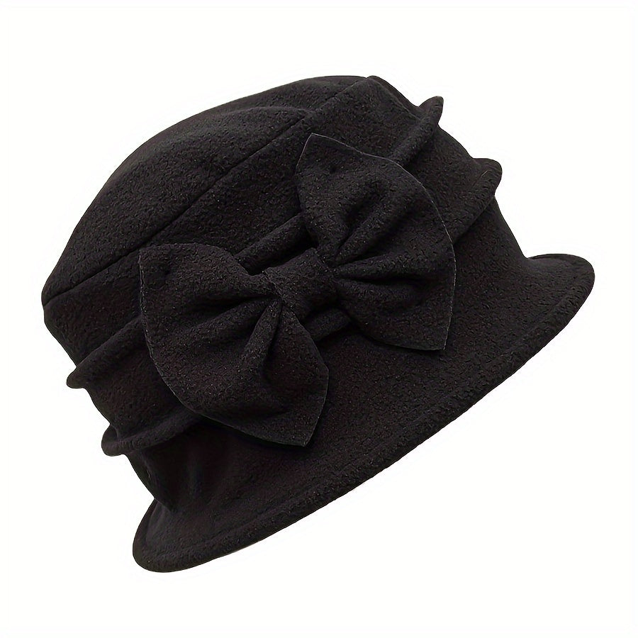 Cozy Double-Layer Fleece Bucket Hat For Women - Elegant Bowknot Design, Thick Warm Winter Cap