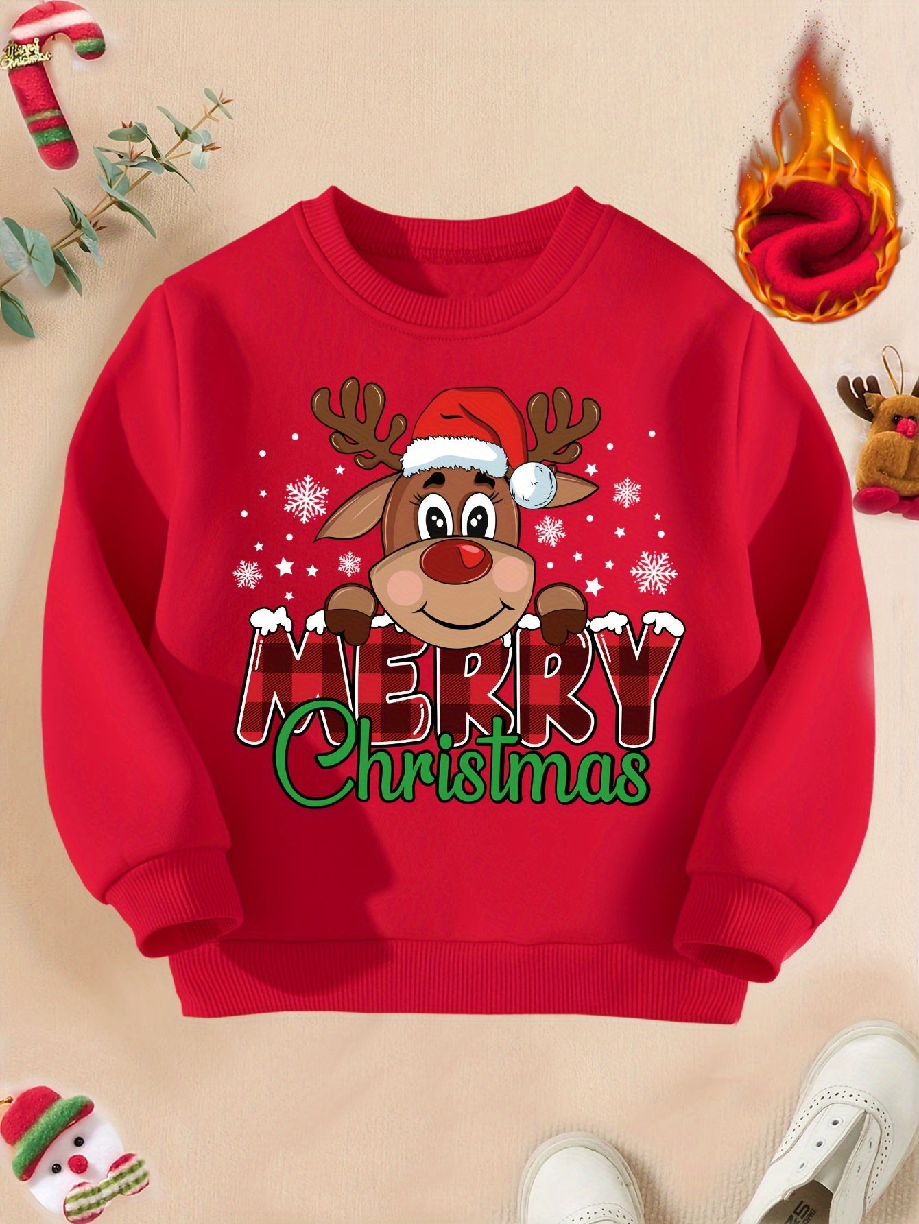 Girls Fleece Warm Sweatshirt Merry Christmas Letter Print Super Cute Elk Pattern Casual Long Sleeve Pullover Tops for Autumn And Winter