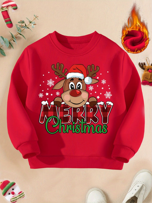 Girls Fleece Warm Sweatshirt Merry Christmas Letter Print Super Cute Elk Pattern Casual Long Sleeve Pullover Tops for Autumn And Winter