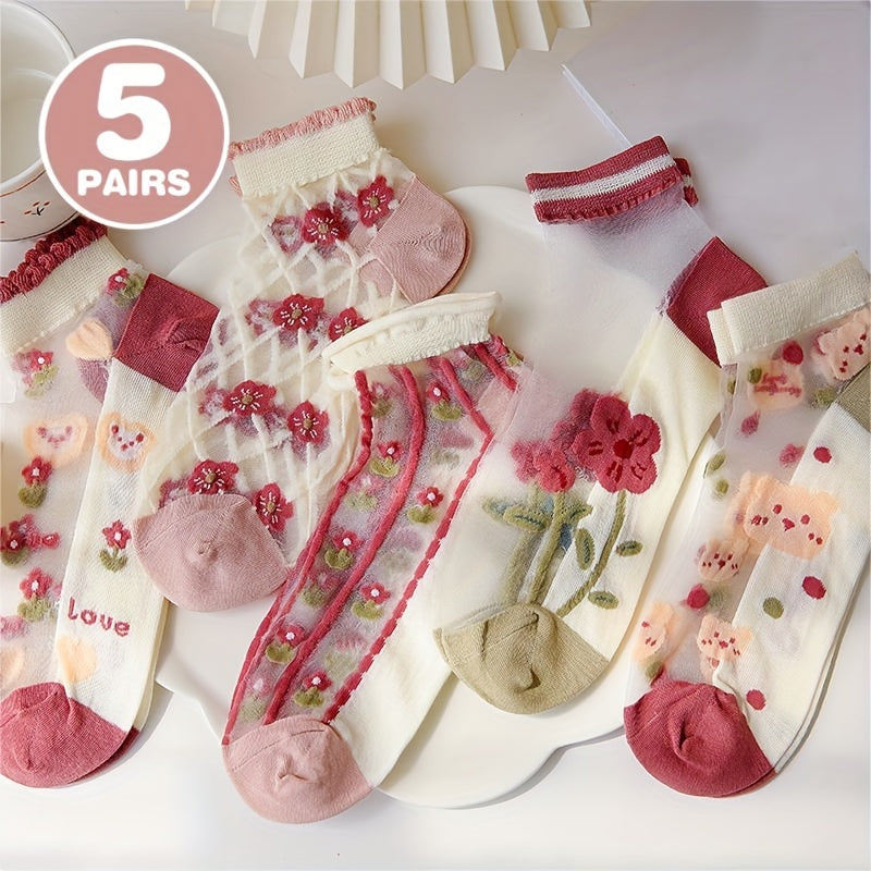 3/5 Pairs Of Teenager's Cute Low-cut Ankle Socks, Ultra-thin Silk Sweet Bear & Floral Design, Soft Comfy Cotton Blend Socks For Summer