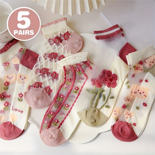 3/5 Pairs Of Teenager's Cute Low-cut Ankle Socks, Ultra-thin Silk Sweet Bear & Floral Design, Soft Comfy Cotton Blend Socks For Summer
