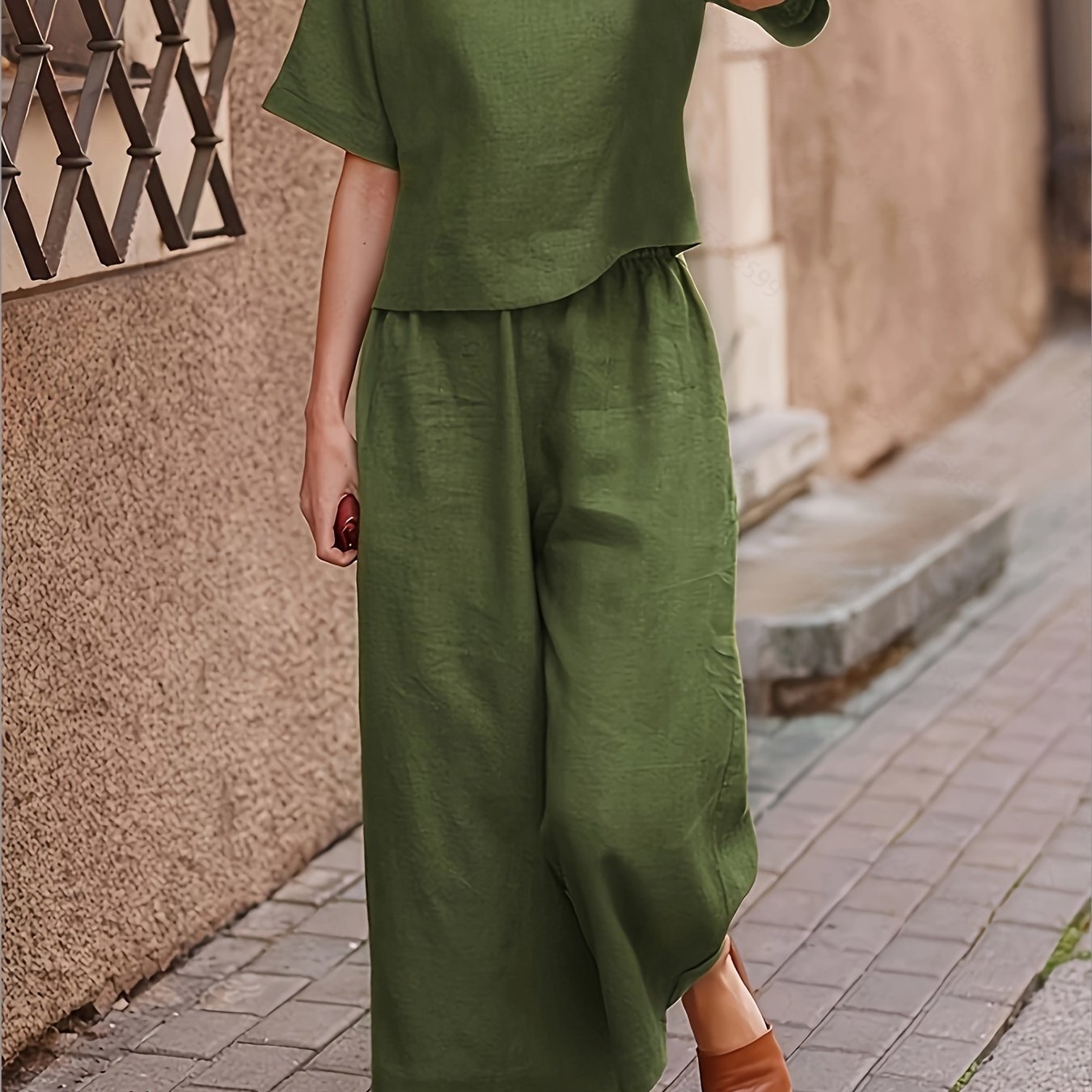 Solid Two-piece Set, Crew Neck Casual T-Shirt & Wide Leg Pants, Women's Clothing