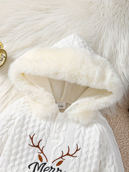 2pcs Baby's MERRY CHRISTMAS Reindeer Embroidery Fuzzy Splicing Hoodie & Casual Jacquard Pants, Toddler & Infant Boy's Clothing Set, Outdoor Cloth