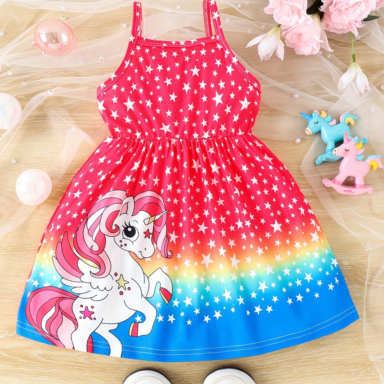 Girls Magical Unicorn Fantasy Dress - Adorable Starry Pattern, Flowy A-line Silhouette, Royal Princess Cami Style for Dreamy Adventures