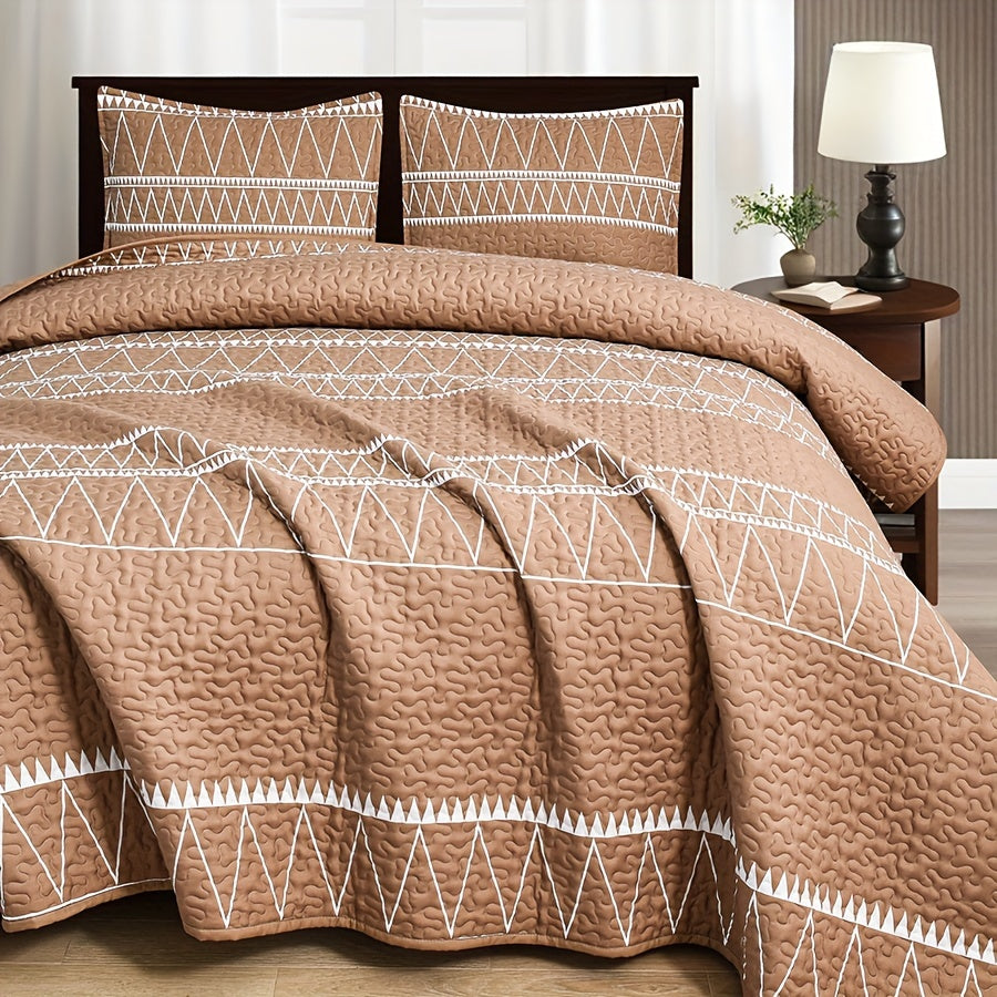 3pc Luxurious Bohemian Quilted Bedspread Set - Soft, Hypoallergenic & Durable, Black & White Geometric Stripes - Cozy Coverlet for Bedrooms & Dorms, Includes 1 Bedspread & 2 Pillowcases