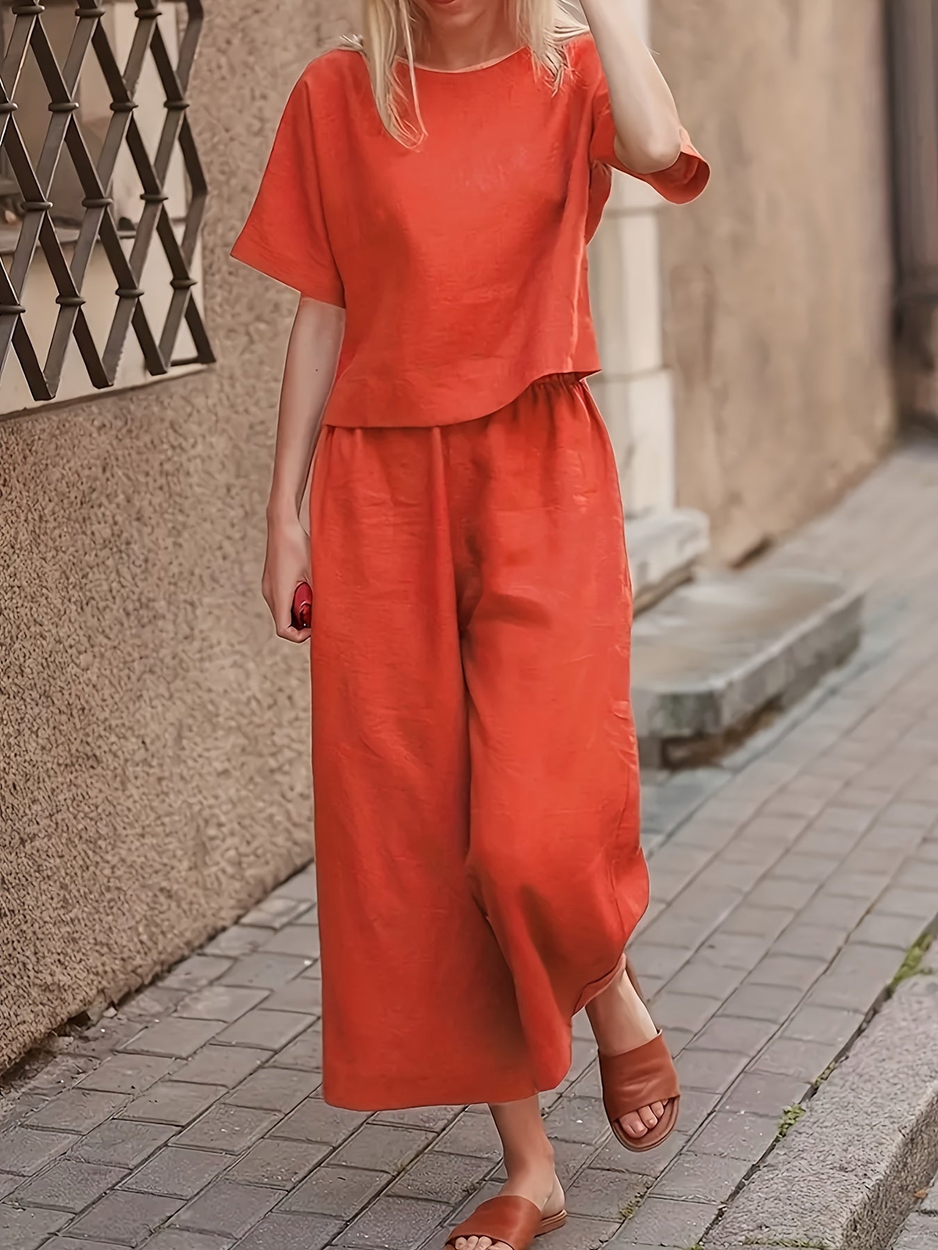 Solid Two-piece Set, Crew Neck Casual T-Shirt & Wide Leg Pants, Women's Clothing