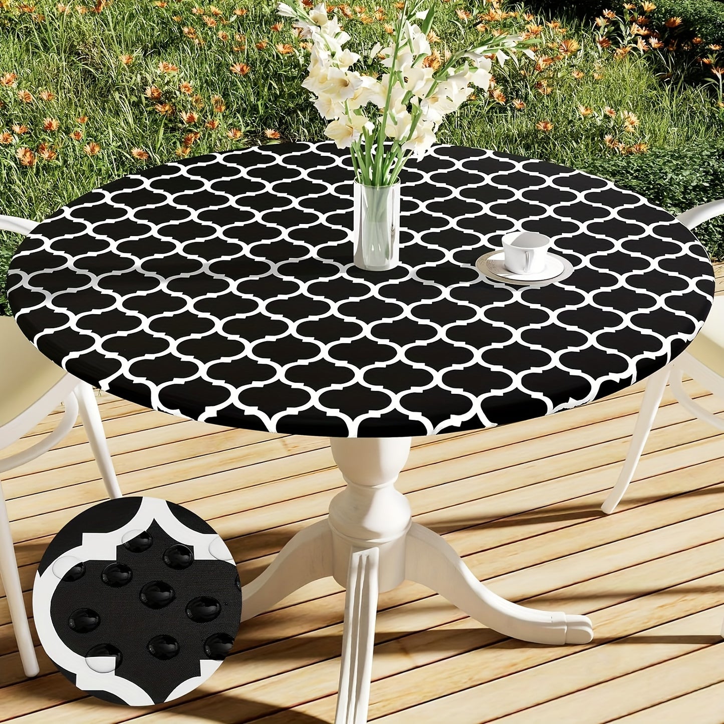 100% Vinyl Round Moroccan Tablecloth with Waterproof Oil-Proof Flannel Backing and Fitted Elasticized Edges for Outdoor, Indoor, Patio, Picnic, Camping Use