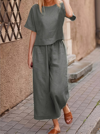 Solid Two-piece Set, Crew Neck Casual T-Shirt & Wide Leg Pants, Women's Clothing