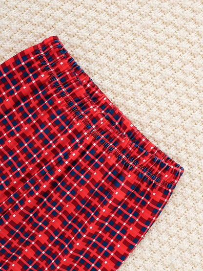 2pcs Baby's Cartoon Christmas Santa Elk Print Long Sleeve T-shirt & Casual Plaid Pattern Pants, Toddler & Infant Boy's Clothing Set, Outdoor Cloth