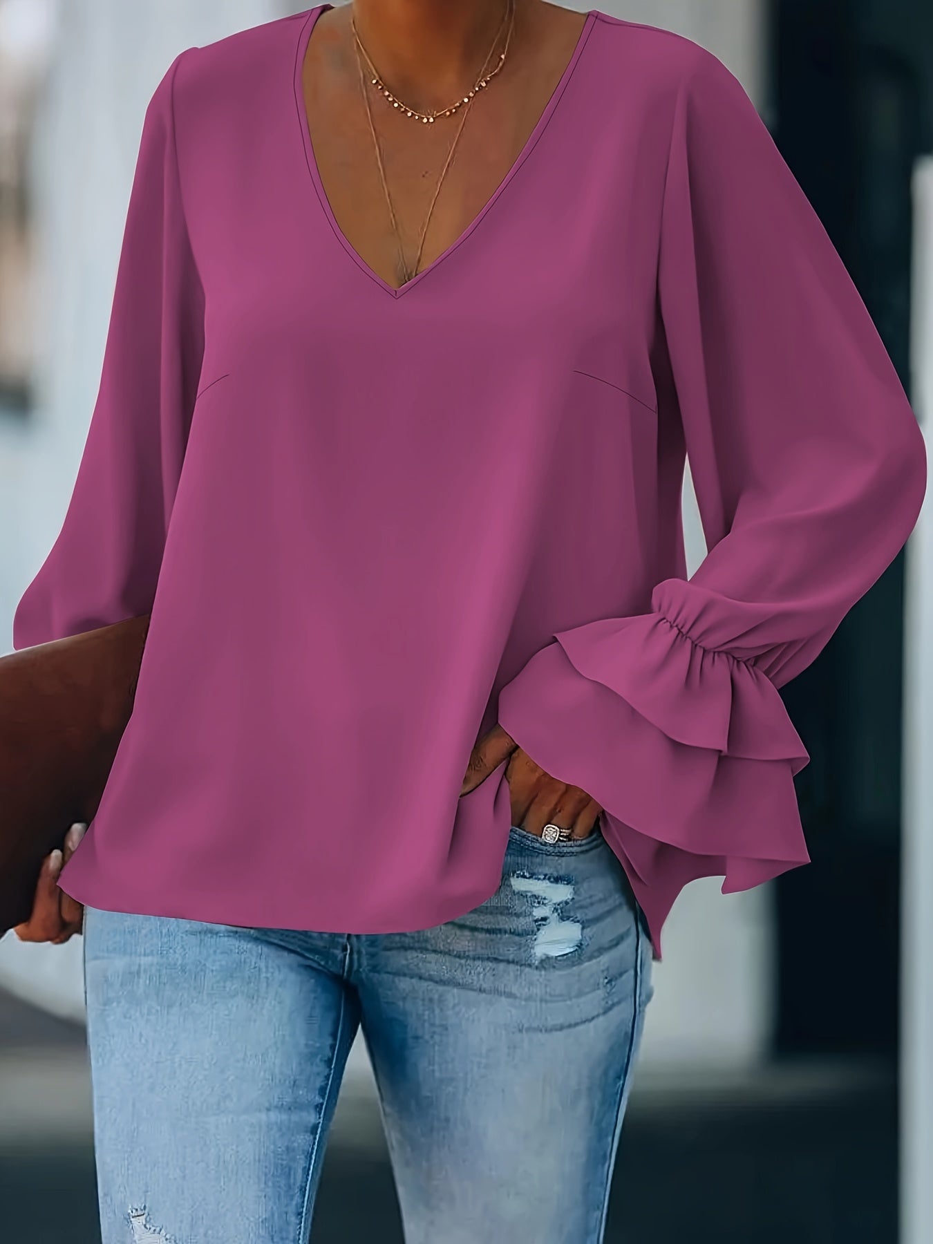 Flirty Ruffle Sleeve Plus Size Blouse - Chic V-Neck, Solid Color for Spring & Summer - Stylish Womens Plus Size Clothing