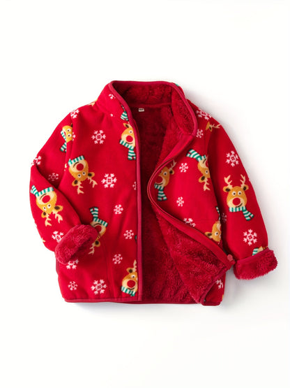 Cozy Boy's Reindeer Pattern Fleece Jacket, Warm Zip-Up Stand Collar Coat for Fall Winter Outdoor Adventures