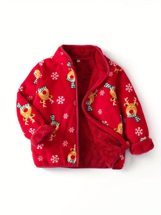 Cozy Boy's Reindeer Pattern Fleece Jacket, Warm Zip-Up Stand Collar Coat for Fall Winter Outdoor Adventures
