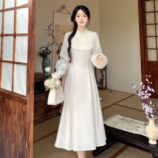 flowersverse Back to school Retro Royal Style Lady Dress Vintage Mori Girl Lantern Sleeve Stand Collar Elegant Woman Maxi Dresses Vestido Manga Larga