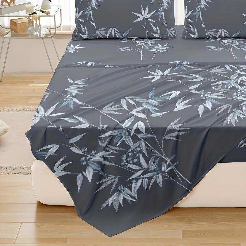 4pcs Luxurious Bamboo Leaf Print Fitted Sheet Set - Soft, Breathable, Comfortable, Hypoallergenic Bedding for Bedroom, Guest Room - 1 Flat Sheet, 1 Fitted Sheet, 2 Pillowcases, No Core Included, Easy Care, Wrinkle-Resistant, and Fade-Proof