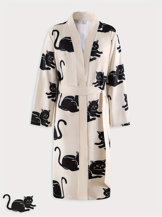 Cozy Feline Friend Robe for Men - Soft Comfy One-Piece Loungewear with Lace Up Closure - Relaxing Home Pajamas for a Peaceful Night's Sleep