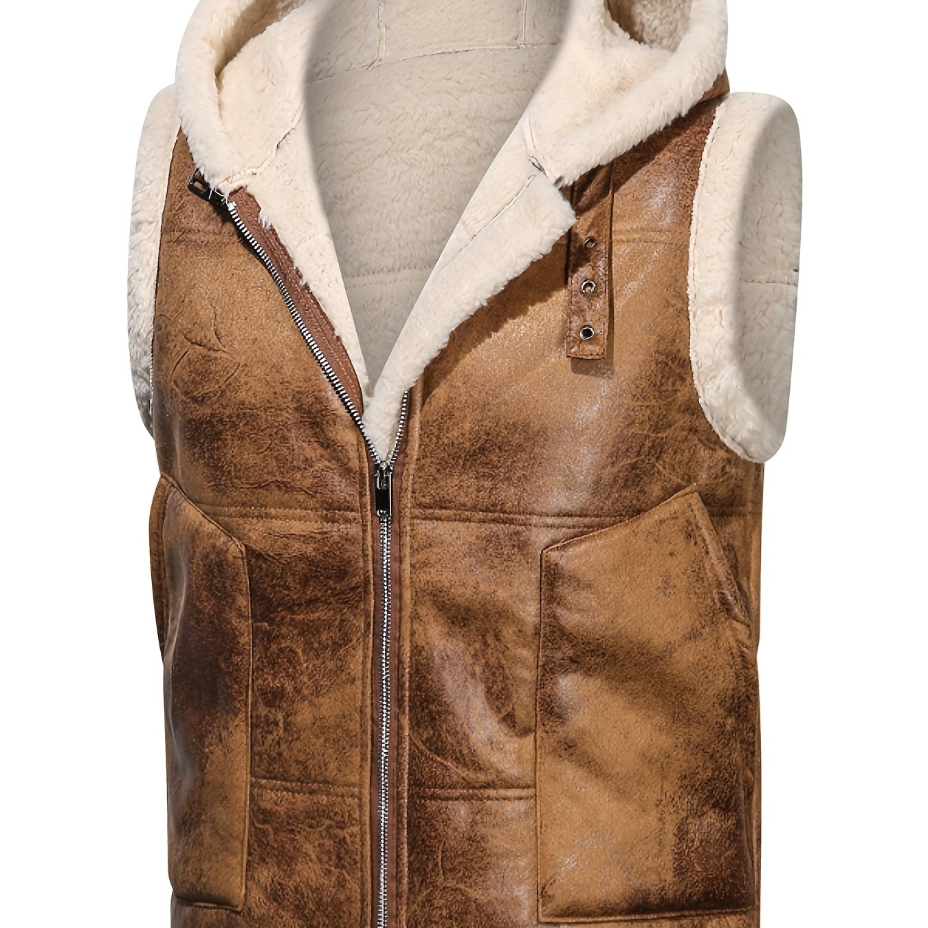 Premium Mens Faux Leather Sleeveless Hooded Vest - Ultra-Soft Fleece for Winter Warmth - Stylish Outwear Clothing for Men