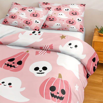 Halloween & Ghost Themed Duvet Cover Set, 3 Piece - 100% Polyester Lightweight Sanded Fabric, All-Season Digital Printed Bedding with Zipper Closure - Includes 1 Duvet Cover and 2 Pillowcases, Machine Washable, No Duvet Insert