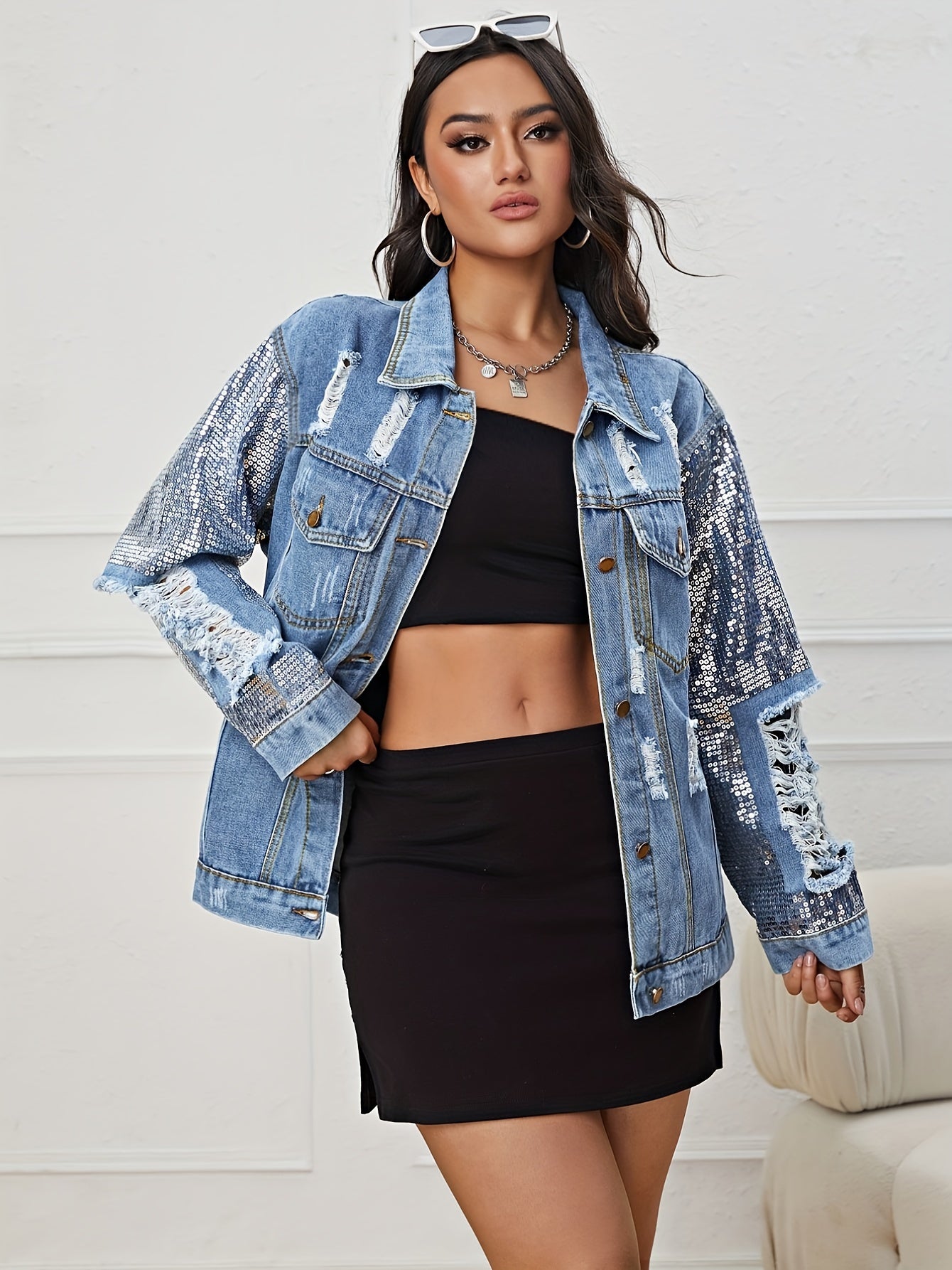 Shimmering Sequin Denim Jacket - Oversized, Ripped & Distressed - Long Sleeve with Flap Pockets - Loose Fit Womens Coat - Ideal for Carnaval Music Festivals