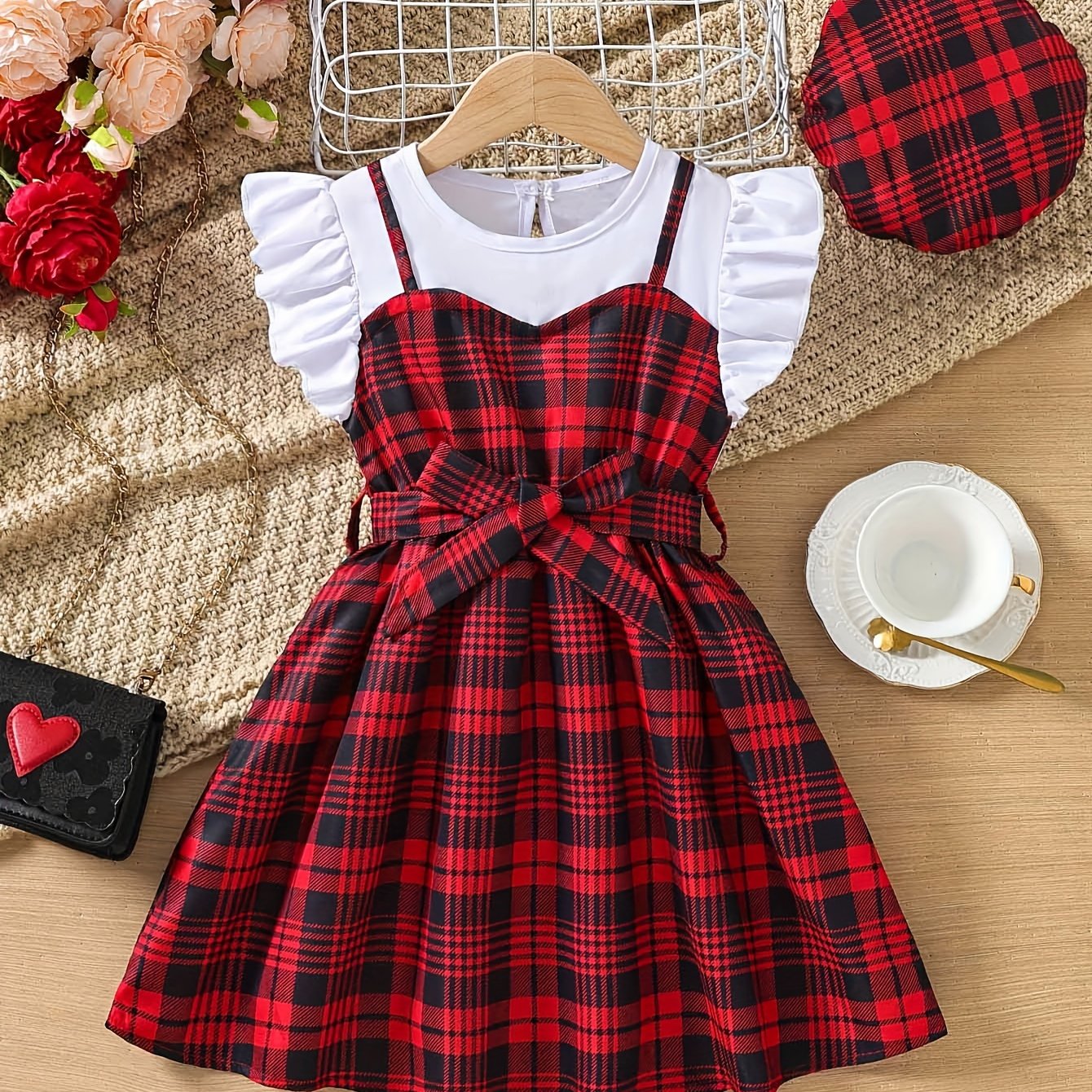 Summer Chic Girls' Dress - Vibrant Plaid with Playful Ruffles & Bow Belt Detail - Perfect for Parties & Special Occasions