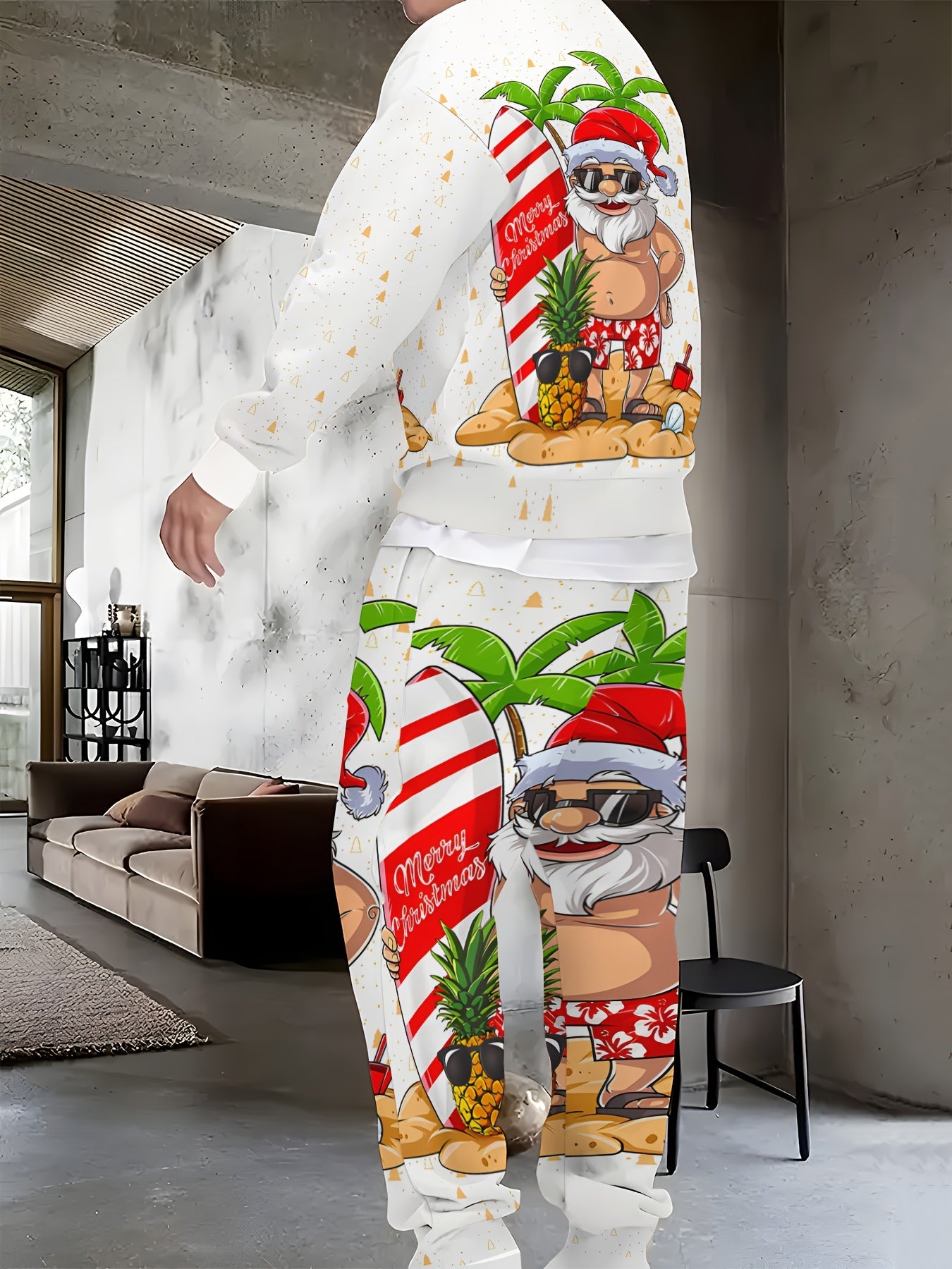 Men's Festive Christmas Outfit Set - Casual Long Sleeve Crew Neck Sweatshirt & Joggers with Santa Print, Machine Washable