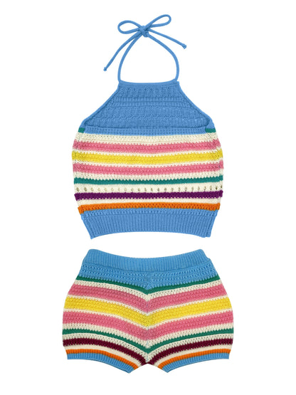 Chic Y2K Striped Set: Halter Top & Drawstring Shorts, Durable & Comfortable, Spring/Summer Essential