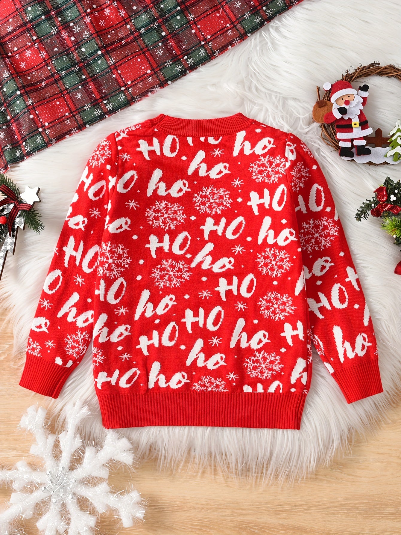 Boys' Christmas Sweater, Red Knit Pullover with "HO HO HO" Lettering, Round Neck, Stretchy Fabric, Regular Fit, Long Sleeves, All-Season, Party Style, for Spring/Autumn/Winter