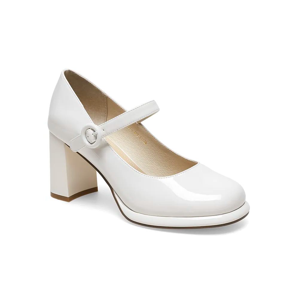 flowersverse - Women Basto Vintage Chunky Heel White Mary Jane